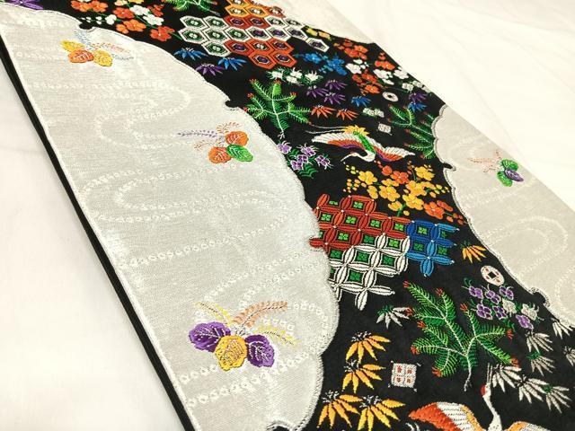 平和屋着物◎六通柄袋帯 唐織 華秀 飛鶴吉祥文 黒地 金銀糸 正絹 逸品 AABI5773yx