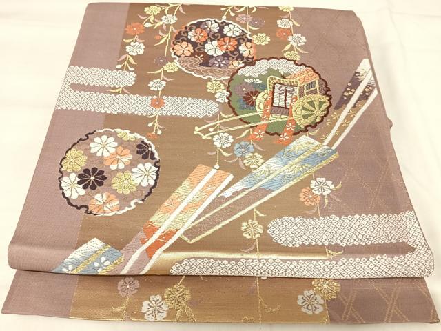 平和屋着物◎六通柄袋帯 唐織 雪輪御所車花文 金糸 正絹 逸品 AABI5774yx