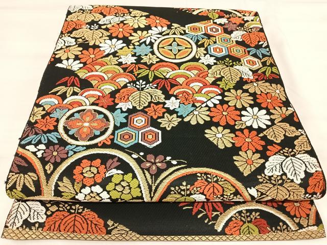 平和屋着物◎六通柄 京本袋帯 唐織 吉祥花文 黒地 金糸 正絹 逸品 AABI5794yx