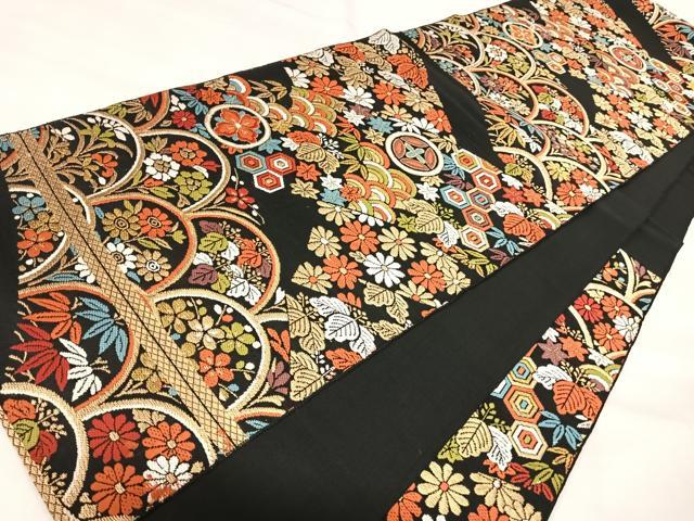 平和屋着物◎六通柄 京本袋帯 唐織 吉祥花文 黒地 金糸 正絹 逸品 AABI5794yx