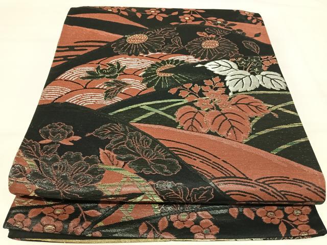 平和屋着物◎六通柄袋帯 草花文 黒地 金銀糸 正絹 逸品 AABI5798yx