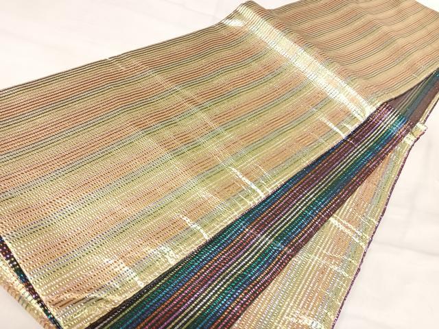 平和屋着物◎両面全通柄袋帯 縞 金糸 正絹 逸品 AABI5800yx