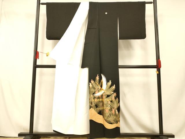 平和屋着物■豪華黒留袖 駒刺繍 飛鶴松文 金彩 正絹 逸品 AABI5803fw
