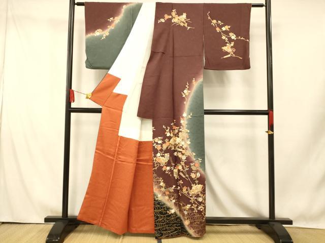 平和屋着物■訪問着 駒刺繍 扇子枝花文 暈し染め 金彩 正絹 逸品 AABI5849fw
