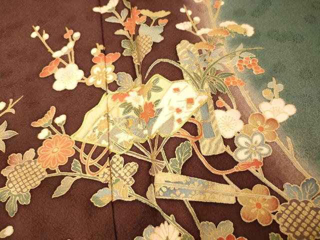 平和屋着物■訪問着 駒刺繍 扇子枝花文 暈し染め 金彩 正絹 逸品 AABI5849fw