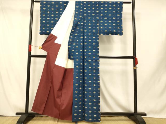 平和屋着物■上質な紬 型染め 草花文 正絹 逸品 AABI5863fw