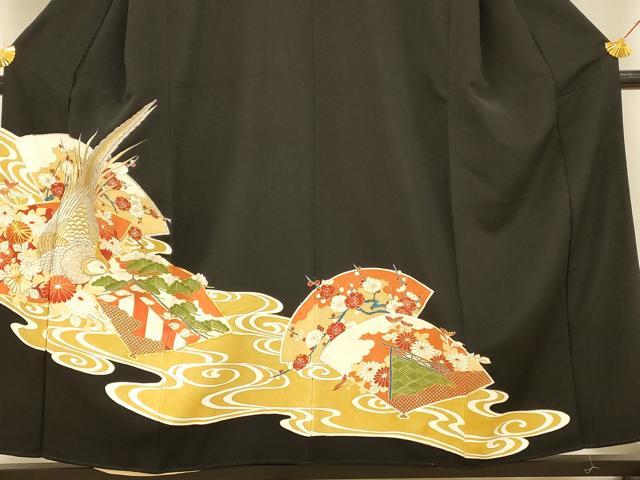 平和屋着物■豪華黒留袖 駒刺繍 花鳥扇子文 金銀糸 金銀彩 正絹 逸品 AABI5873fw