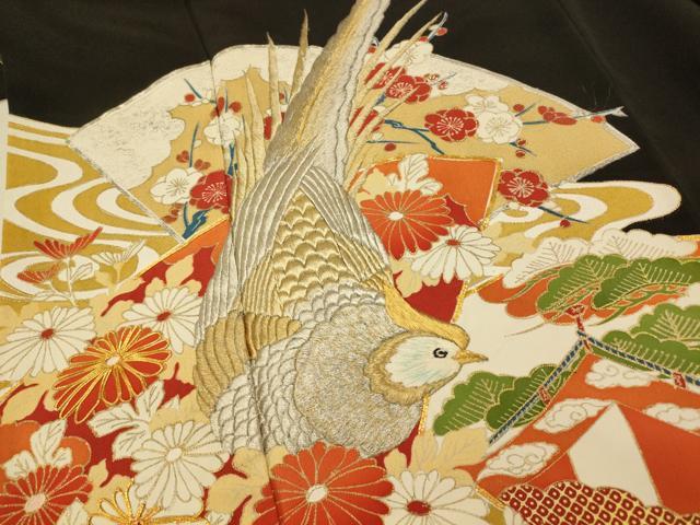 平和屋着物■豪華黒留袖 駒刺繍 花鳥扇子文 金銀糸 金銀彩 正絹 逸品 AABI5873fw