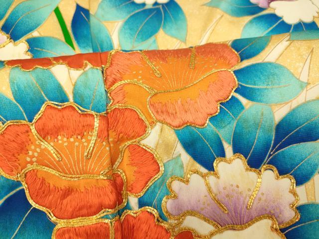 平和屋着物■訪問着 総刺繍 草花文 たたき染め 金彩 正絹 逸品 AABI5874fw
