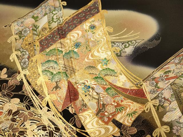 平和屋着物■豪華黒留袖 螺鈿 几帳流水更紗花文 暈し染め 金銀彩 ロング丈 正絹 逸品 AABI5877fw