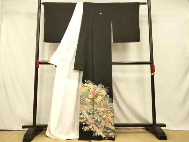 平和屋着物■豪華黒留袖 駒刺繍 萬寿染 吉祥花車文 暈し染め 金彩 正絹 逸品 AABI5883fw