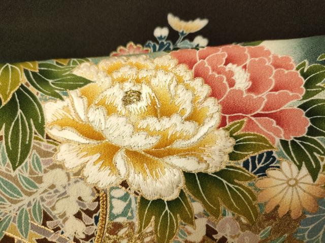 平和屋着物■豪華黒留袖 駒刺繍 萬寿染 吉祥花車文 暈し染め 金彩 正絹 逸品 AABI5883fw