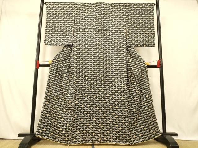 平和屋着物■上質な小紋 型染め 花鳥菱文 黒地 正絹 逸品 AABI5905fw