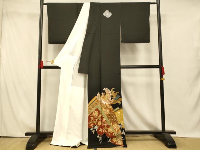 平和屋着物■豪華黒留袖 駒刺繍 鳳凰更紗花文 金彩 正絹 逸品 AABI5936fw