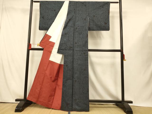 平和屋着物■本場大島紬 7マルキ 更紗花文 黒地 正絹 逸品 AABI5967fw