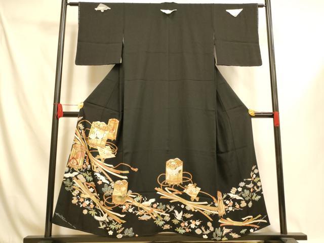 平和屋着物■豪華黒留袖 駒刺繍 花鳥貝桶文 金彩 正絹 逸品 未使用 AABI5979fw