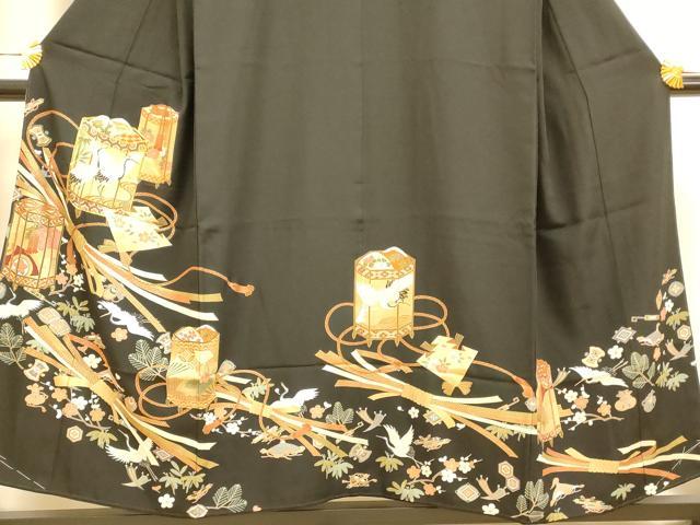 平和屋着物■豪華黒留袖 駒刺繍 花鳥貝桶文 金彩 正絹 逸品 未使用 AABI5979fw
