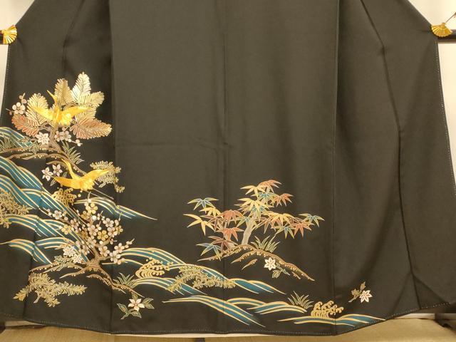 平和屋着物■豪華黒留袖 駒刺繍 松竹梅飛鶴文 金彩 正絹 逸品 AABI5984fw
