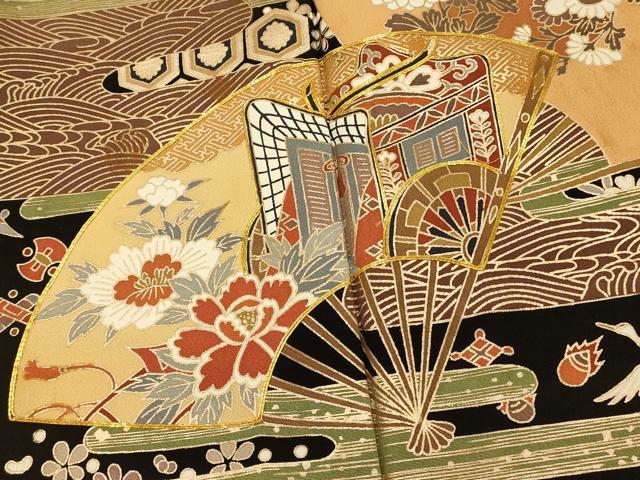 平和屋着物■豪華黒留袖 駒刺繍 御所車扇子文 金彩 正絹 逸品 AABI5985fw