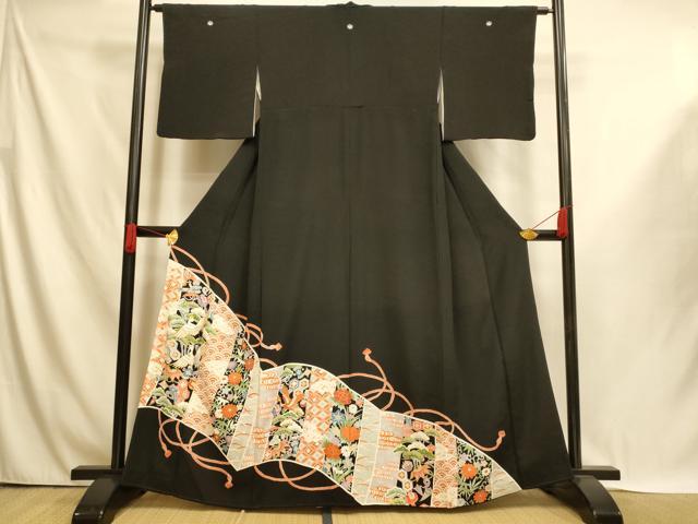 平和屋着物■豪華黒留袖 駒刺繍 飛鶴宝尽くし文様 銀糸 金彩 正絹 逸品 AABI5995fw
