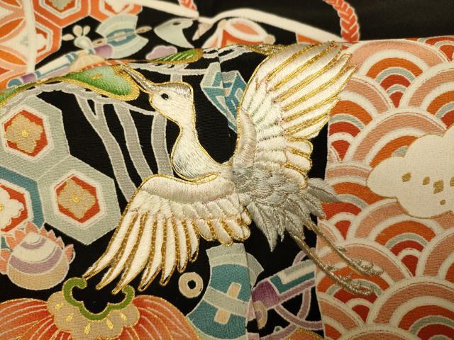 平和屋着物■豪華黒留袖 駒刺繍 飛鶴宝尽くし文様 銀糸 金彩 正絹 逸品 AABI5995fw