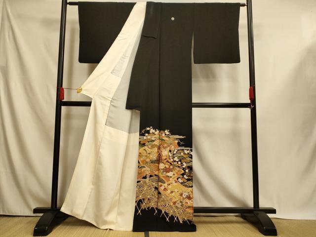平和屋着物■豪華黒留袖 駒刺繍 御所車吉祥枝花文 金彩 正絹 逸品 AABI5996fw