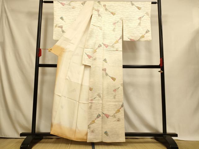 平和屋着物■上質な小紋 手描き 枝花扇子文 正絹 逸品 AABI6000fw