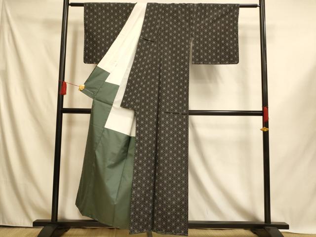 平和屋着物■上質な紬 麻の葉文様 黒地 正絹 逸品 未使用 AABI6017fw