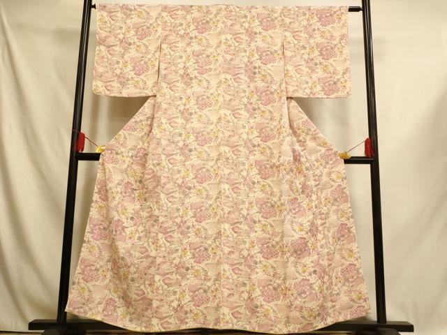 平和屋着物■上質な小紋 型染め 扇子草花文 正絹 逸品 未使用 AABI6019fw