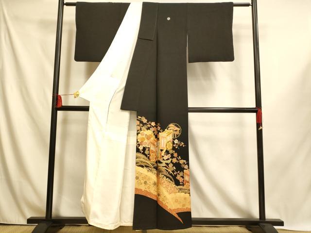 平和屋着物■豪華黒留袖 駒刺繍 御所車松竹梅文 金彩 正絹 逸品 AABI6021fw