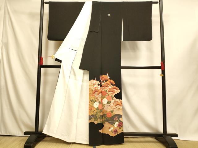平和屋着物■豪華黒留袖 刺繍 枝花鴛鴦文 松 梅 金糸 金彩 正絹 逸品 AABI6022fw