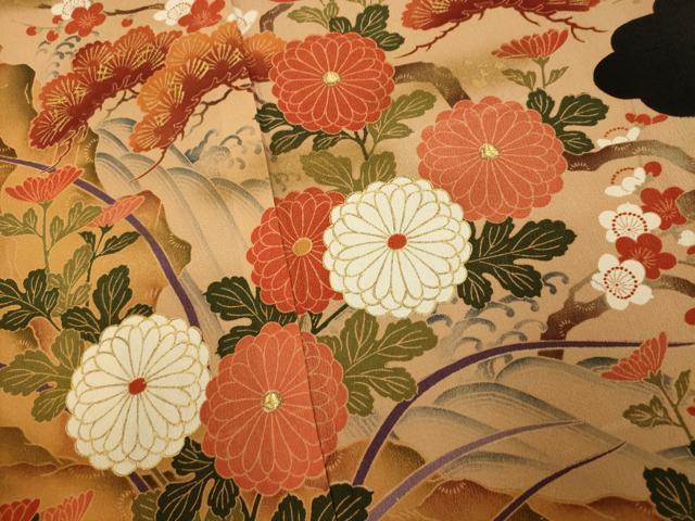 平和屋着物■豪華黒留袖 刺繍 枝花鴛鴦文 松 梅 金糸 金彩 正絹 逸品 AABI6022fw