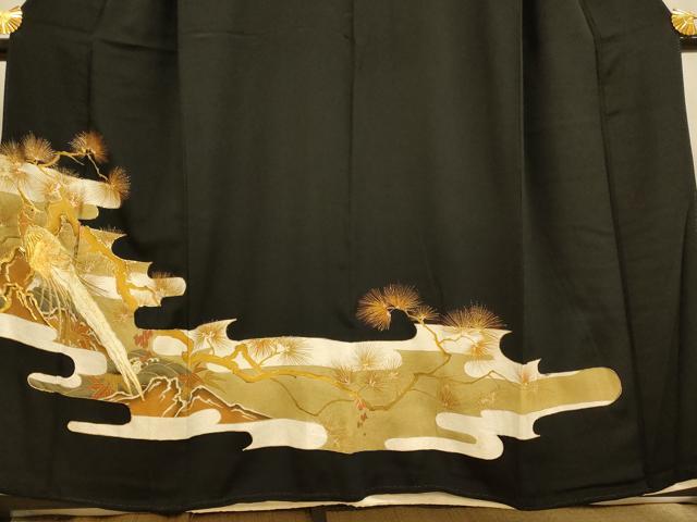 平和屋着物■豪華黒留袖 駒刺繍 鳳凰松文 金銀彩 金糸 正絹 逸品 AABI6023fw