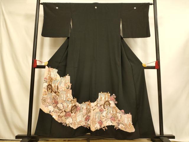 平和屋着物■豪華黒留袖 駒刺繍 御所車枝花文 金彩 正絹 逸品 AABI6026fw
