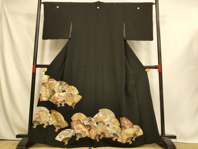 平和屋着物■豪華黒留袖 扇子枝花文 松 金彩 正絹 逸品 AABI6056fw