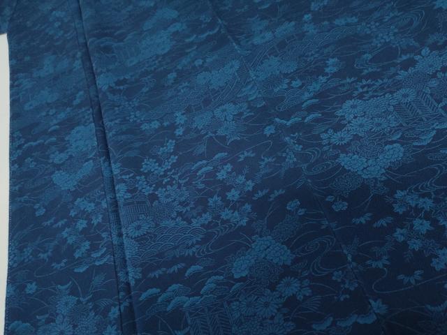 平和屋着物●上質な小紋 藍 風景花松文 鬼しぼ縮緬 正絹 逸品 AABI6083cs