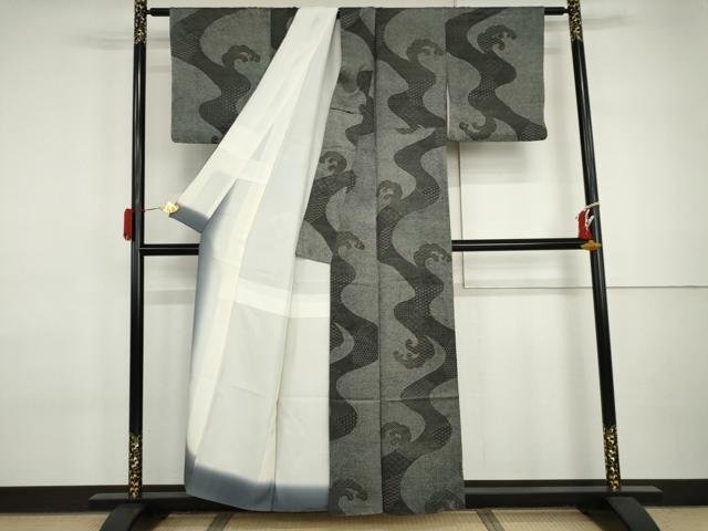 平和屋着物●江戸小紋 立波吉祥文 黒地 正絹 逸品 AABI6084cs