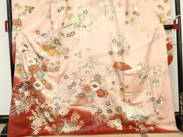 平和屋着物●豪華振袖 扇面枝花文 暈し染め 金銀彩 ロング丈 正絹 逸品 AABI6089cs