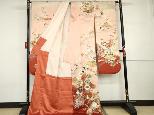 平和屋着物●豪華振袖 扇面枝花文 暈し染め 金銀彩 ロング丈 正絹 逸品 AABI6089cs