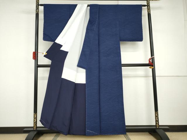 平和屋着物●上質な色無地 本藍 立波文 濃藍色 正絹 逸品 未使用 AABI6093cs