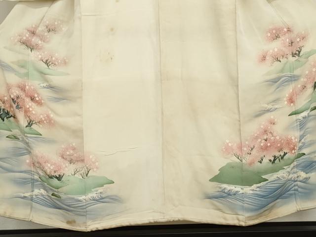 平和屋着物●アンティーク 大正ロマン 色留袖 手描き 桜 鬼しぼ縮緬 正絹 逸品 AABI6106cs