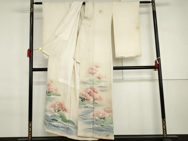 平和屋着物●アンティーク 大正ロマン 色留袖 手描き 桜 鬼しぼ縮緬 正絹 逸品 AABI6106cs