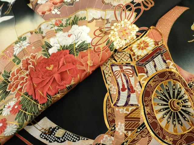 平和屋着物●世界的ファッションデザイナー 山本寛斎 kansaiブランド 黒留袖 束ね熨斗御所車飛鶴文 暈し染め 金彩 正絹 逸品 AABI6107cs