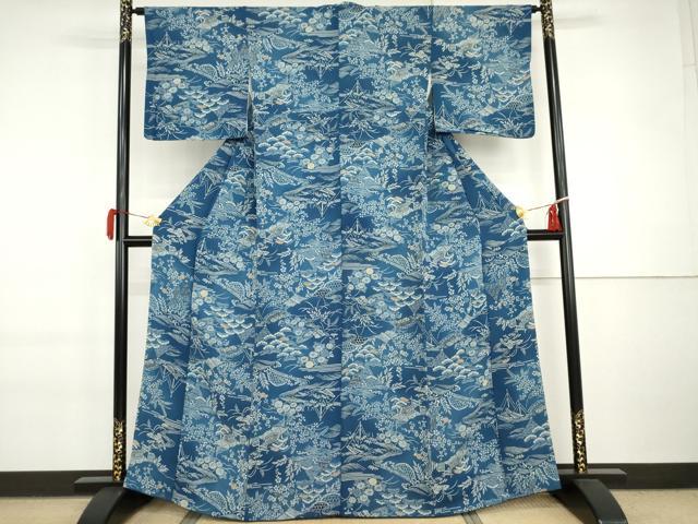 平和屋着物●上質な小紋 本藍 松竹梅風景文 暈し染め 正絹 逸品 AABI6111cs