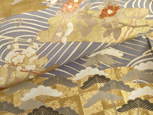 平和屋着物●豪華色留袖 駒刺繍 立波梅松文 金彩 正絹 逸品 AABI6112cs