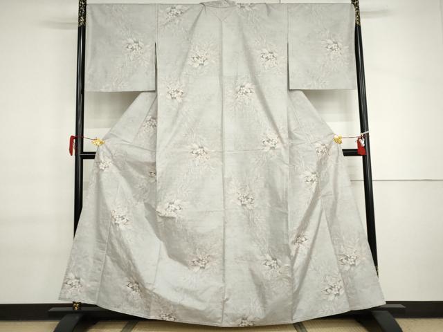 平和屋着物▽本場大島紬 単衣 白大島 9マルキ 草花文 正絹 逸品 AABI6135cs