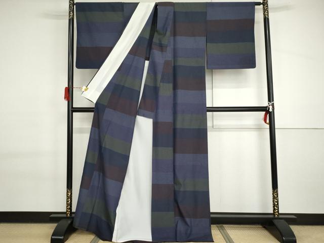平和屋着物▽上質な小紋 単衣 横段文 正絹 逸品 AABI6142cs