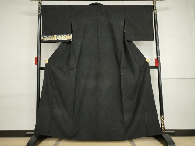 平和屋着物●結城紬 雪輪重ね文 黒地 胴抜き仕立て 証紙付き 正絹 逸品 AABI6144cs