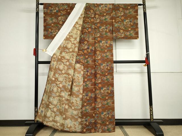 平和屋着物▽上質な紬 単衣 型染め 飛鶴草花文 正絹 逸品 AABI6149cs