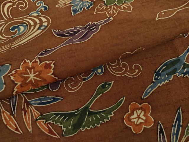 平和屋着物▽上質な紬 単衣 型染め 飛鶴草花文 正絹 逸品 AABI6149cs